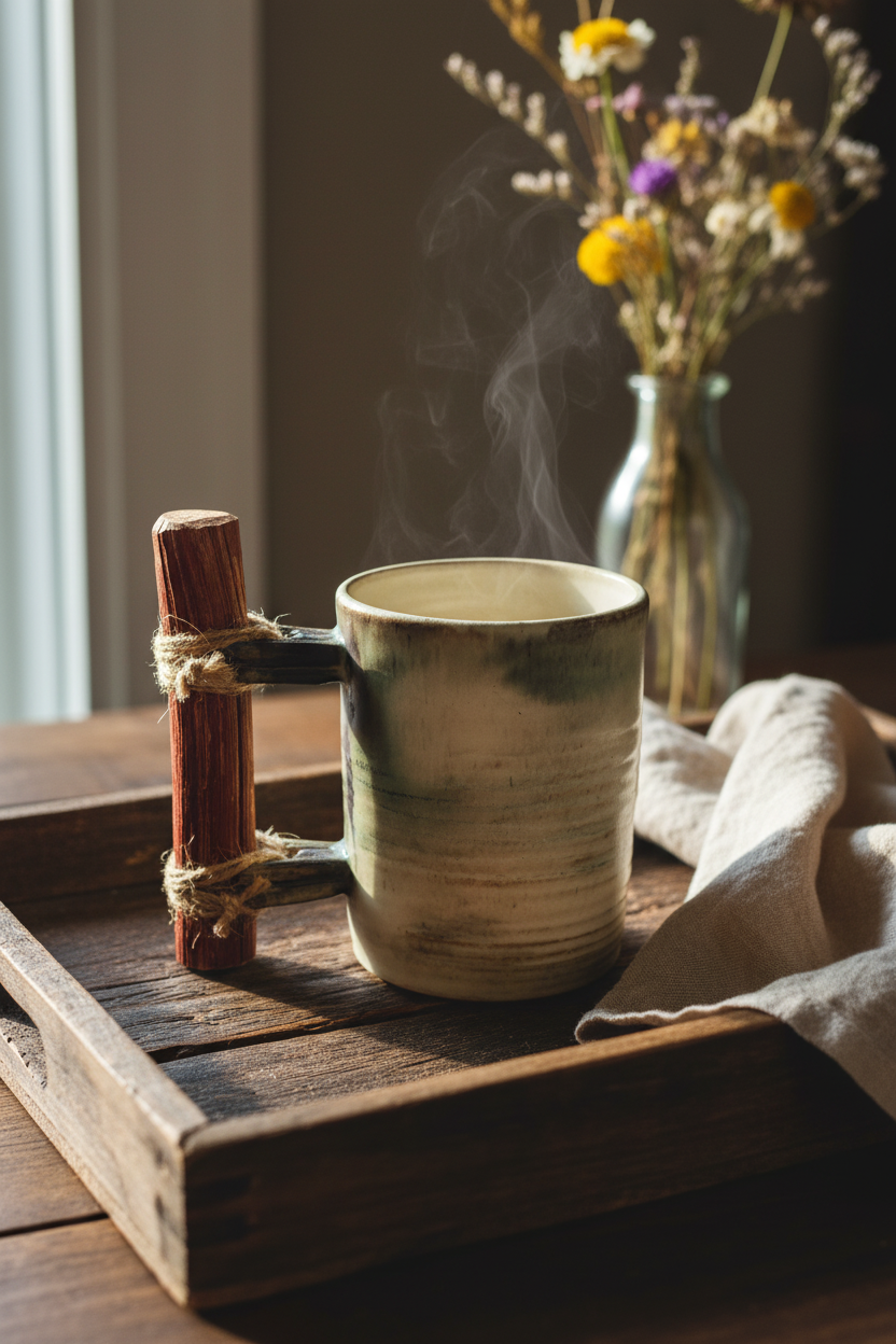 Handmade Ceramic Mug – Medium, Sage Green Tone with Wooden Handle
