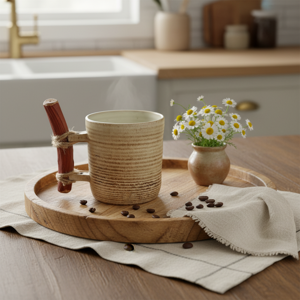 Handmade Ceramic Mug – Large, Sandstone Beige Tone with Wooden Handle