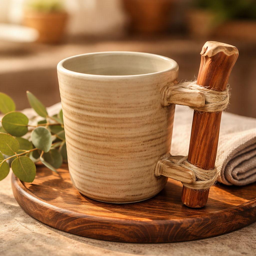 Handmade Ceramic Mug – Medium, Sandstone Beige Tone with Wooden Handle