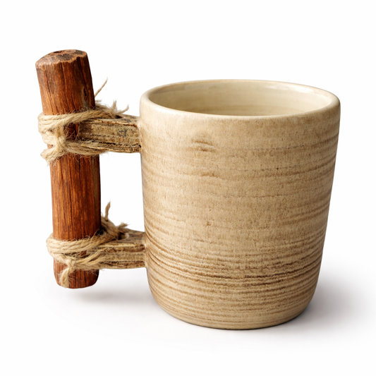 Handmade Ceramic Mug – Medium, Sandstone Beige Tone with Wooden Handle