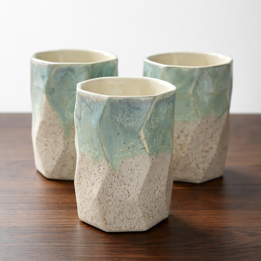 Handmade Geometric Shaped Ceramic Mug – Mint Glaze with Sandy-Cream Base