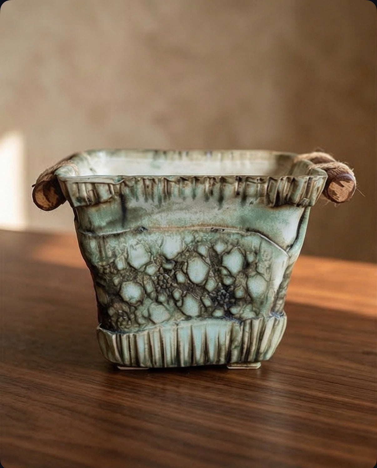 Handmade Ceramic Planter with Vinewood Handles - Green Tones