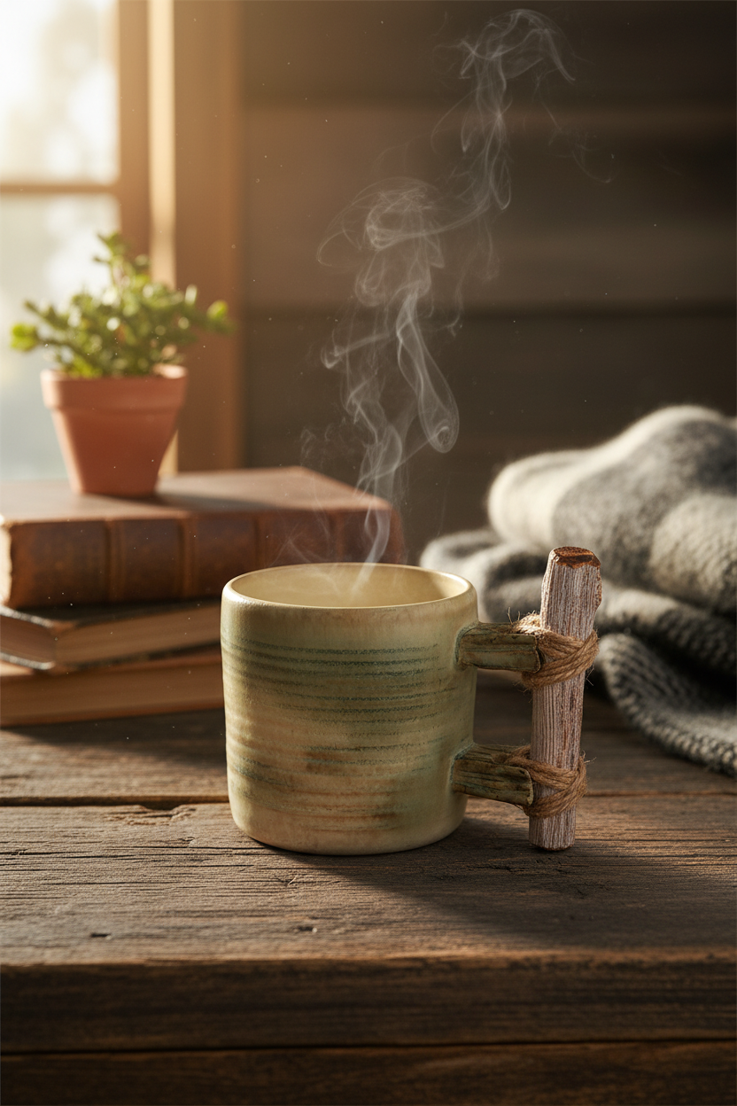 Handmade Ceramic Mug – Small, Moss-Green Tone with Wooden Handle