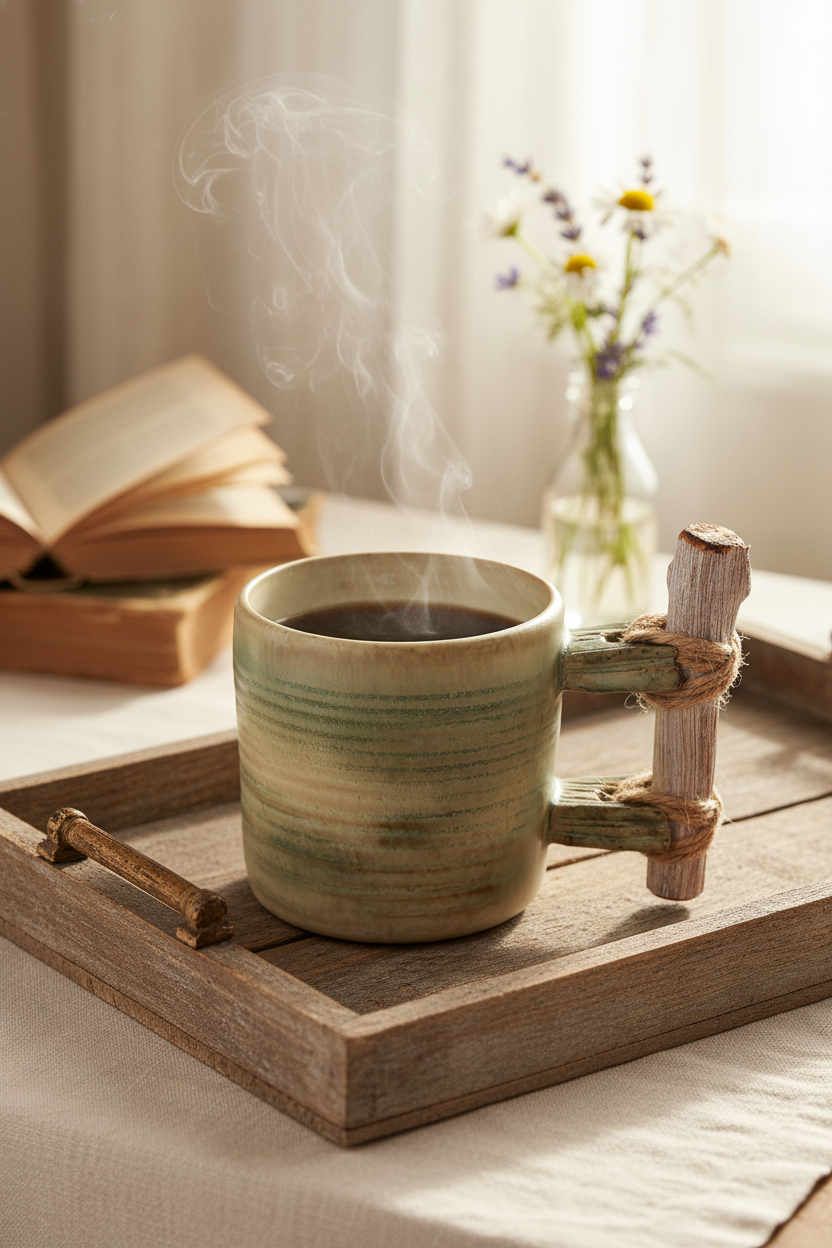Handmade Ceramic Mug – Small, Moss-Green Tone with Wooden Handle