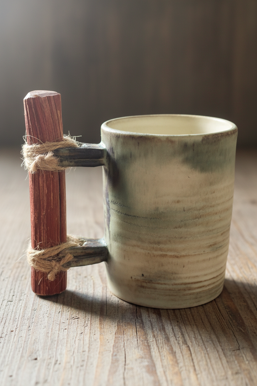 Handmade Ceramic Mug – Medium, Sage Green Tone with Wooden Handle