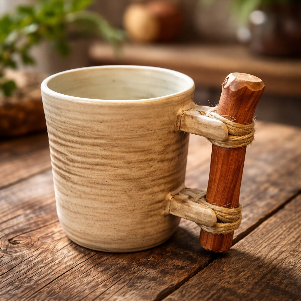 Handmade Ceramic Mug – Medium, Sandstone Beige Tone with Wooden Handle