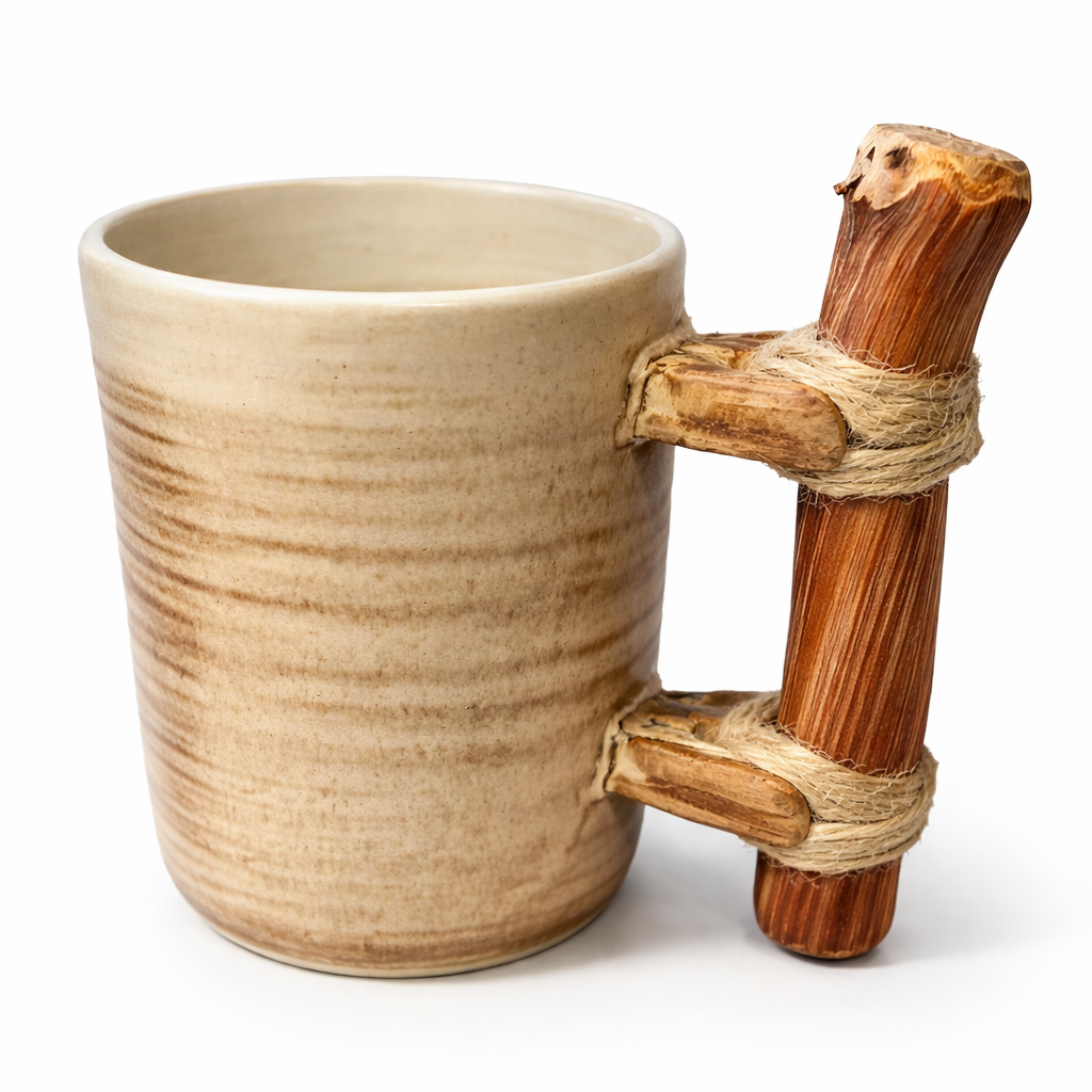 Handmade Ceramic Mug – Medium, Sandstone Beige Tone with Wooden Handle