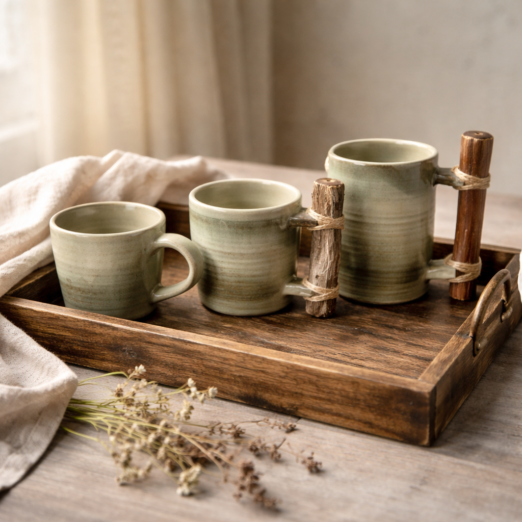 Handmade Ceramic Mug – Small, Moss-Green Tone with Wooden Handle