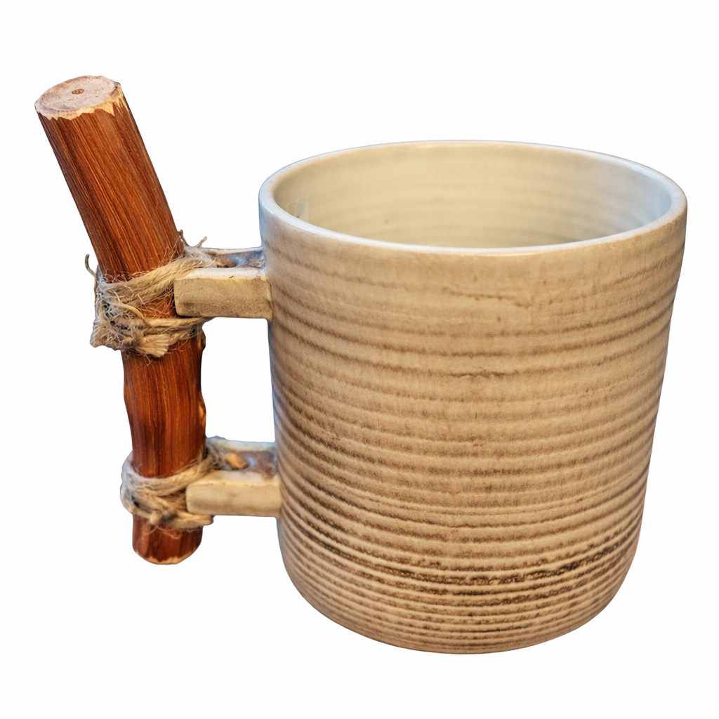 Handmade Ceramic Mug – Large, Sandstone Beige Tone with Wooden Handle