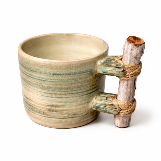 Handmade Ceramic Mug – Small, Moss-Green Tone with Wooden Handle