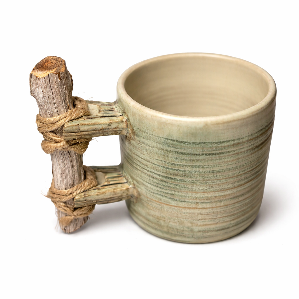 Handmade Ceramic Mug – Small, Moss-Green Tone with Wooden Handle