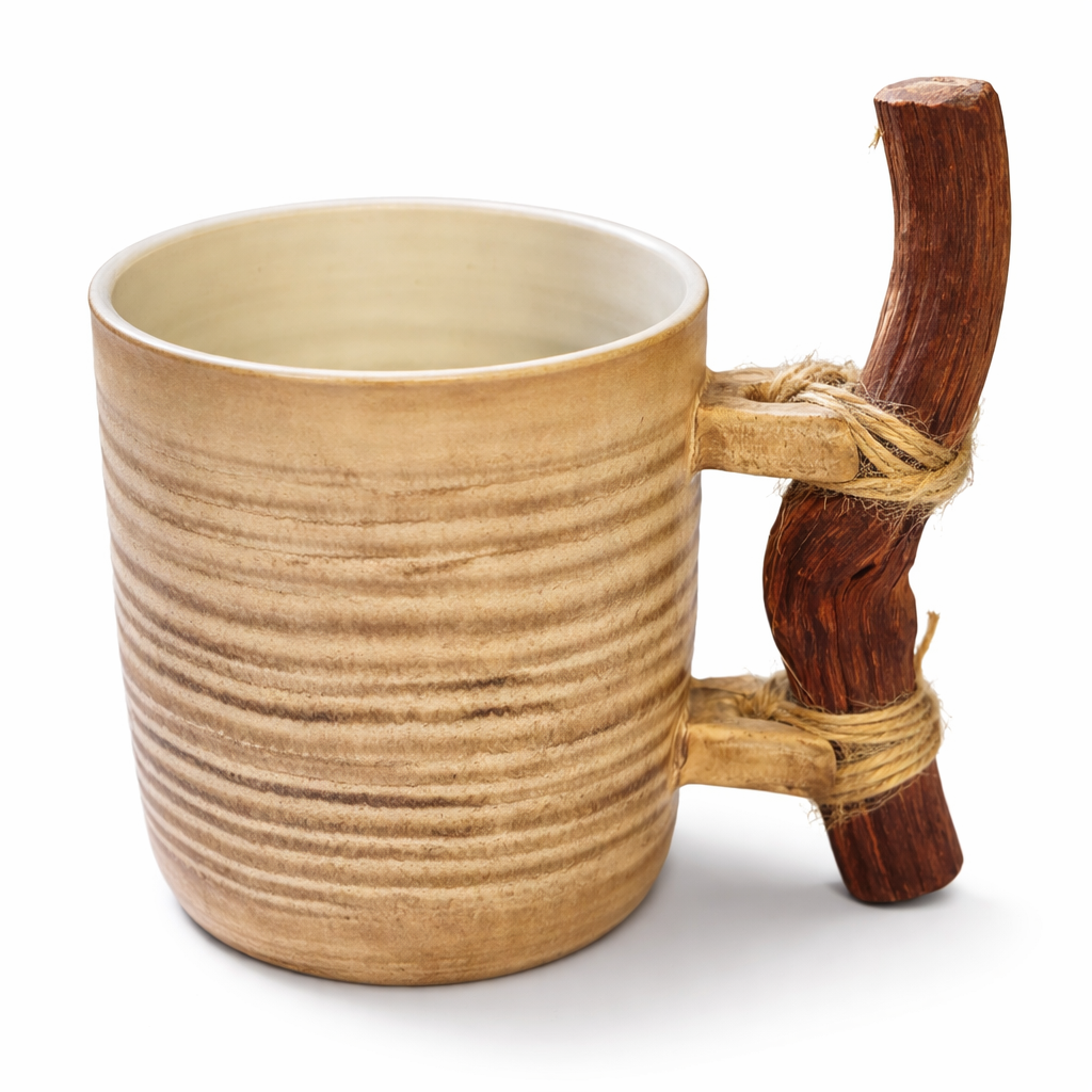 Handmade Ceramic Mug – Large, Sandstone Beige Tone with Wooden Handle