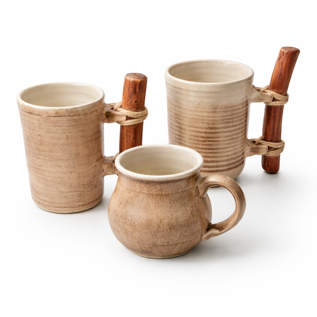 Handmade Ceramic Mug – Medium, Sandstone Beige Tone with Wooden Handle