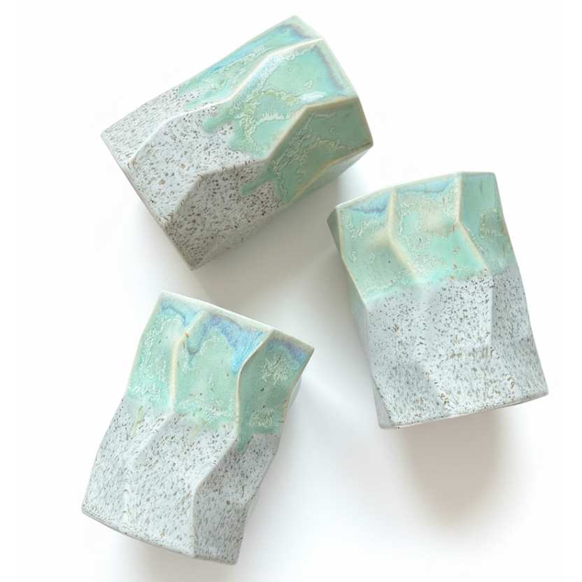 Handmade Geometric Shaped Ceramic Mug – Mint Glaze with Sandy-Cream Base