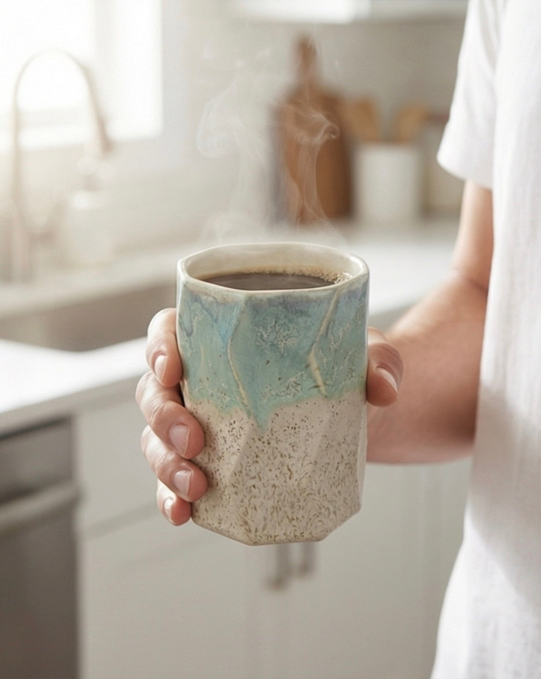 Handmade Geometric Shaped Ceramic Mug – Mint Glaze with Sandy-Cream Base