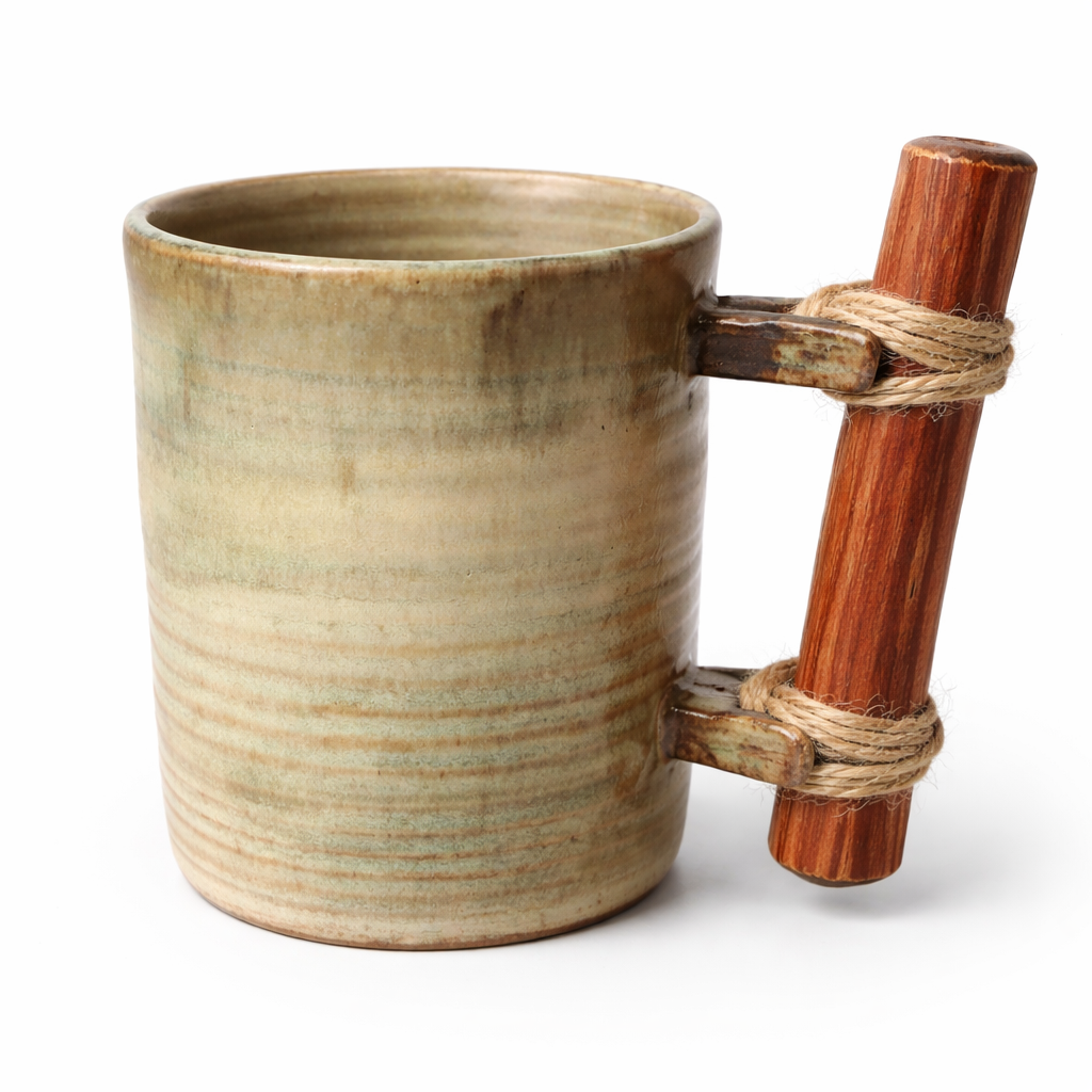 Ceramic mug with a wooden handle and rope grip on a white background