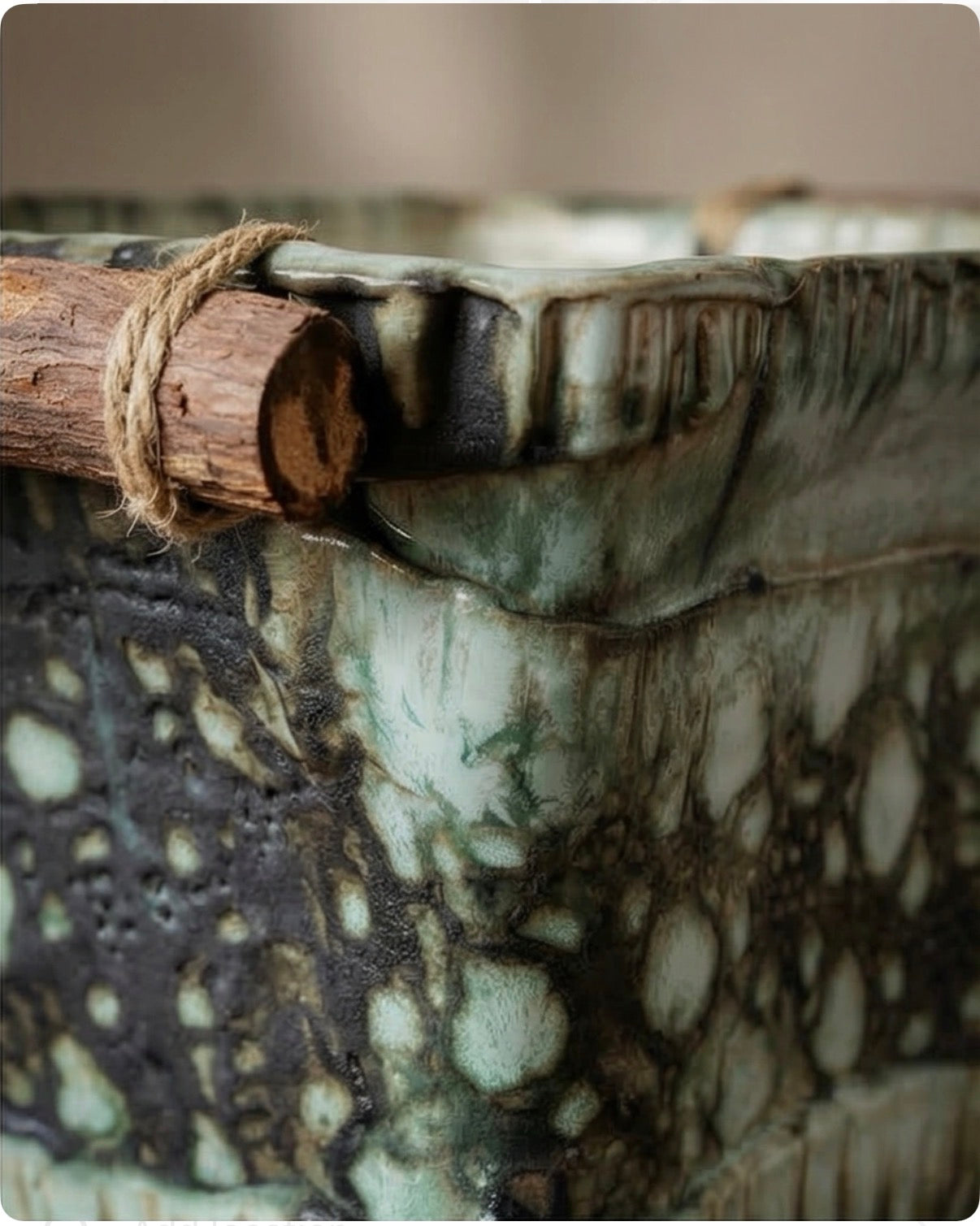 Handmade Ceramic Planter with Vinewood Handles - Green Tones