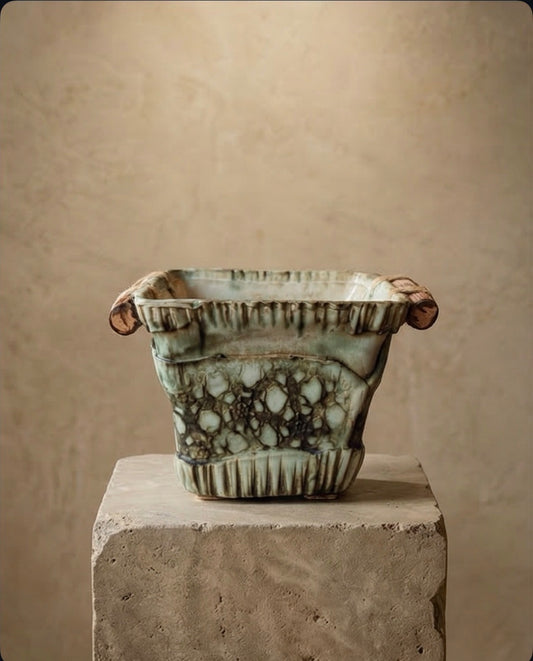 Handmade Ceramic Planter with Vinewood Handles - Green Tones