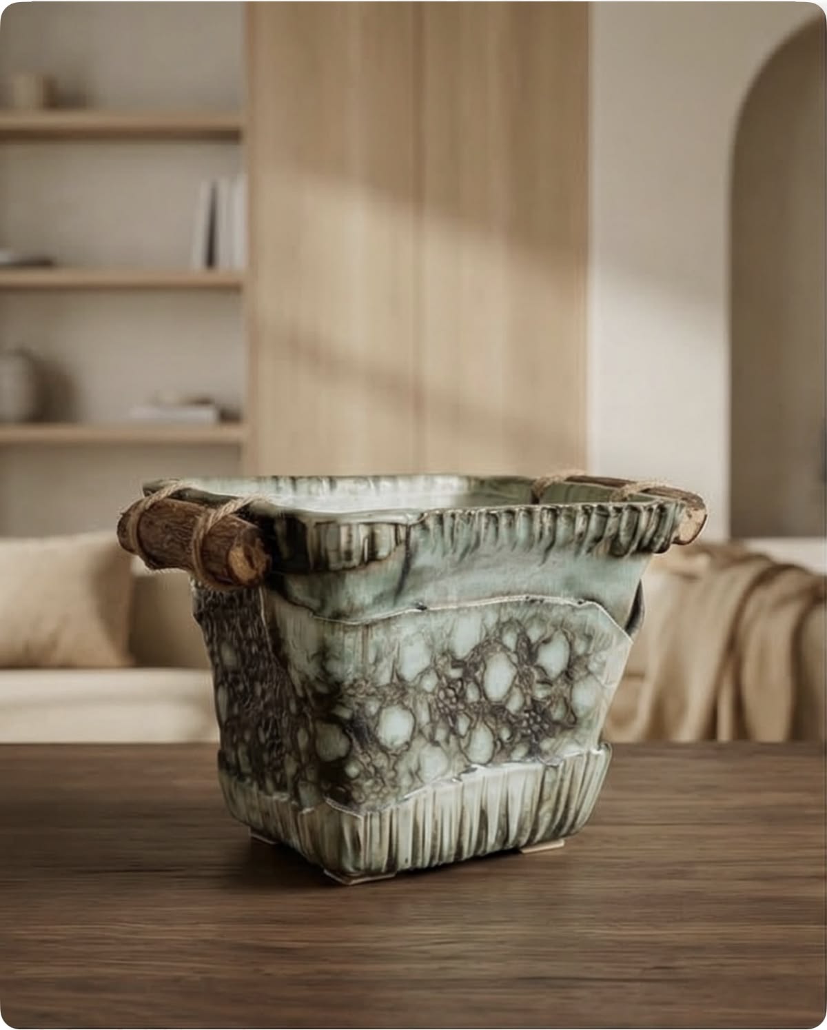 Handmade Ceramic Planter with Vinewood Handles - Green Tones